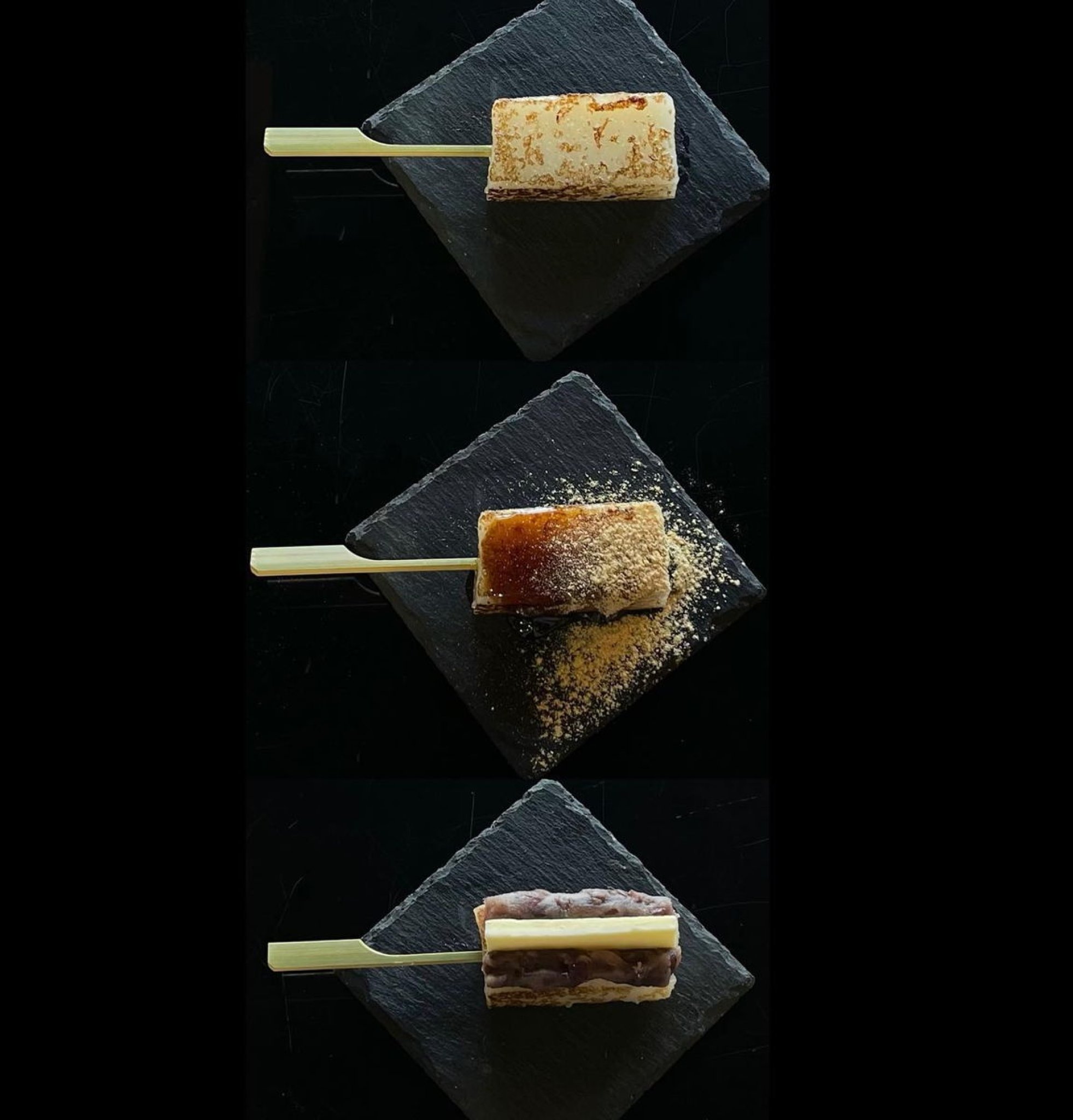 寒い時期にオススメの焼きういろ。プレーン・黒蜜きな粉・餡バターの3種類。出来立ては熱々！