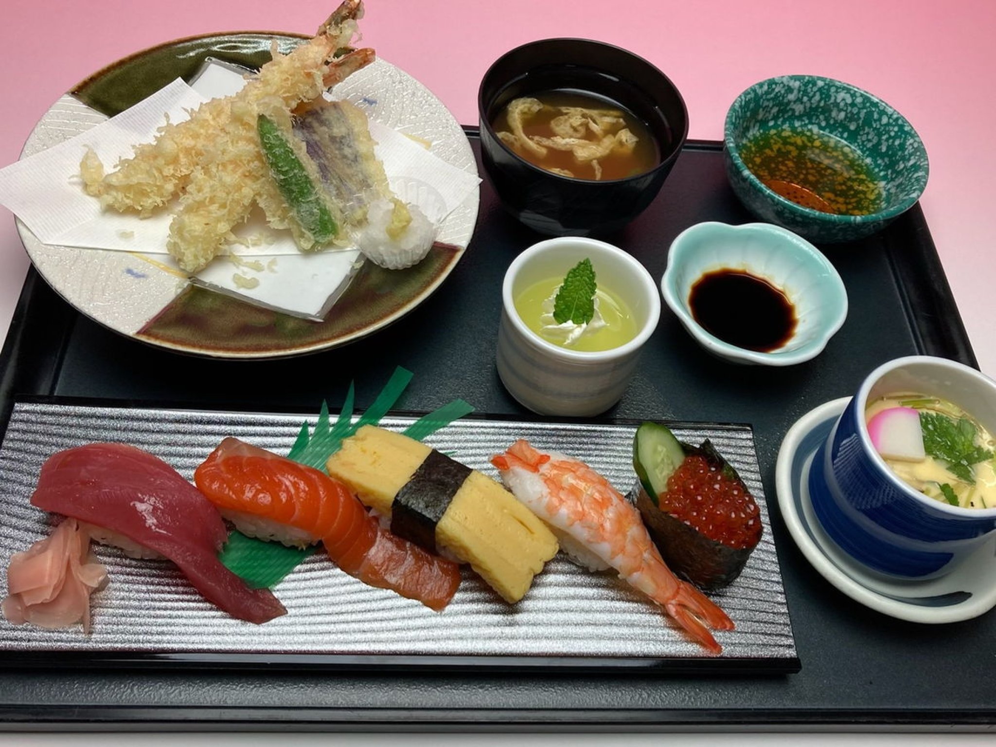 お好みの揚げ物が選べる寿司セット夜もお値打ち｜寿司セットは握り寿司に、茶わん蒸し、みそ汁、デザートに...